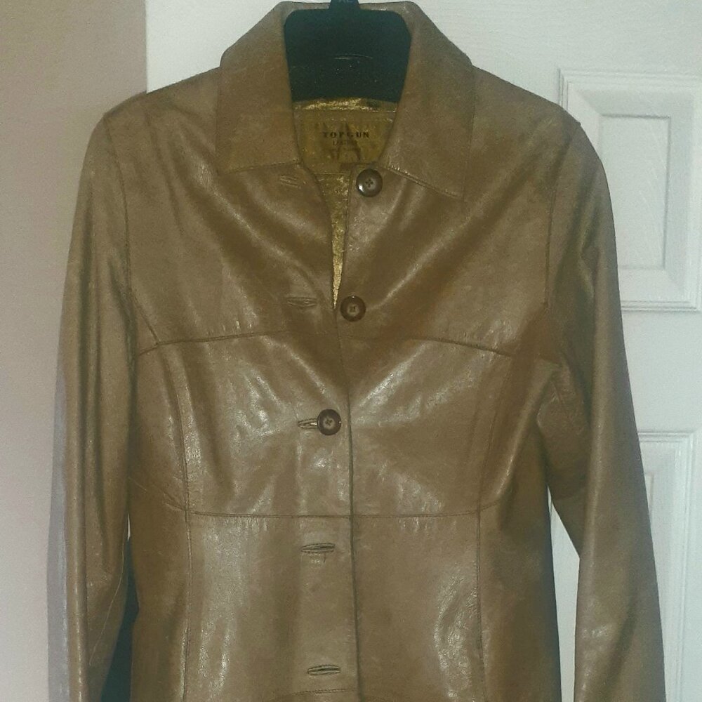 Calf length tan leather coat